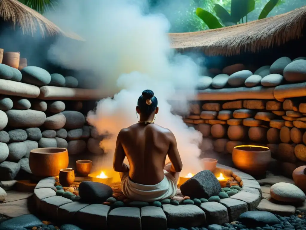 Ceremonia de baño de vapor Maya en temazcal, con shaman y participantes en ritual de detoxificación