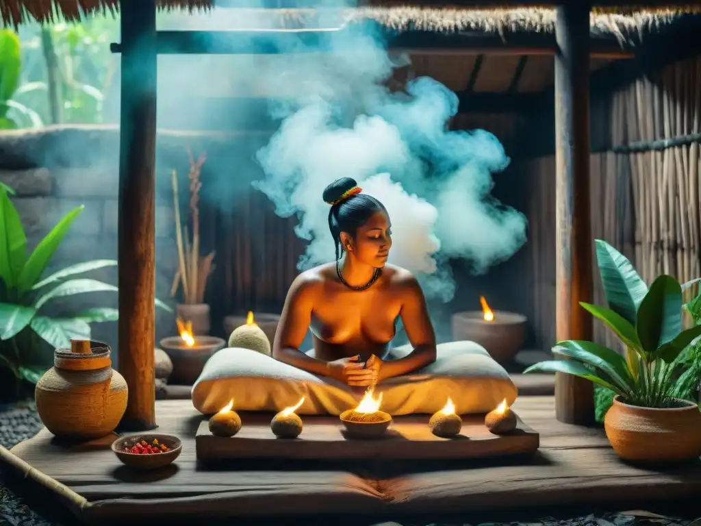 Ceremonia de baño de vapor maya detoxificación en la selva con chaman y vestimenta tradicional