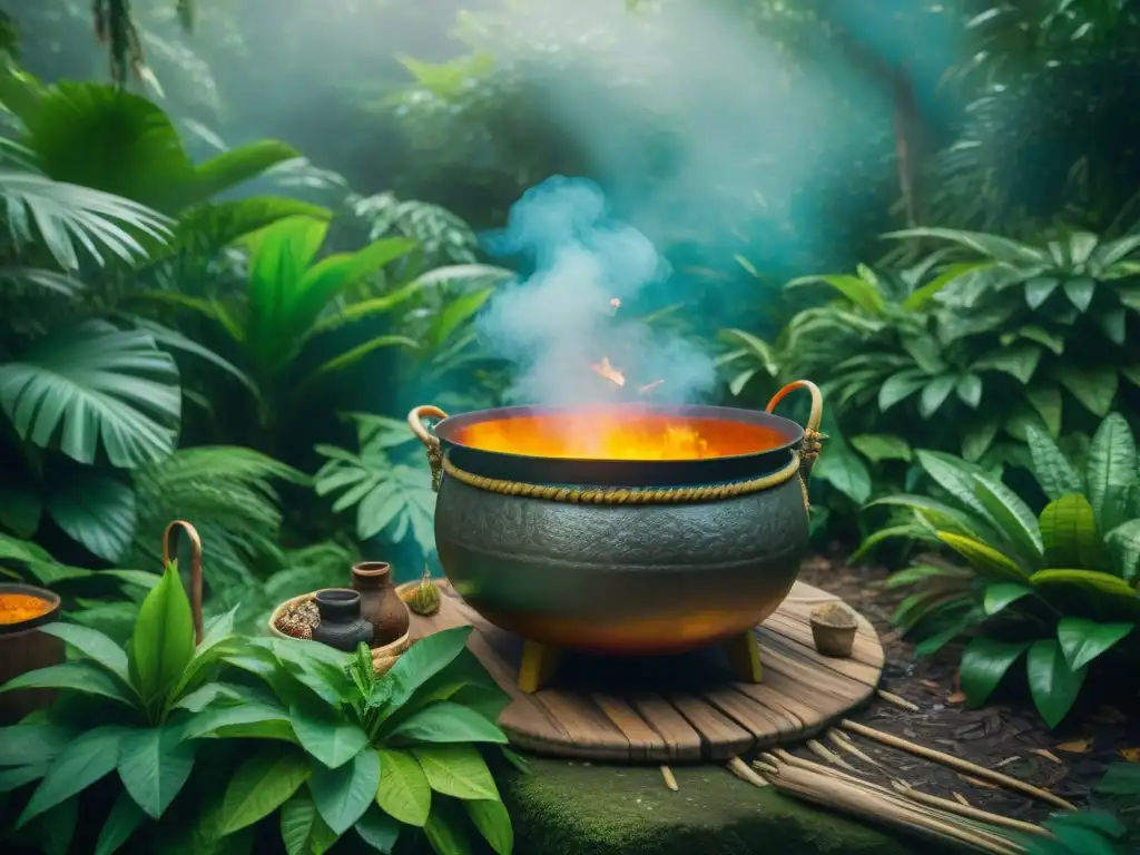 Ceremonia de baños de hierbas mayas para purificación en la selva, con chaman y vestimenta tradicional