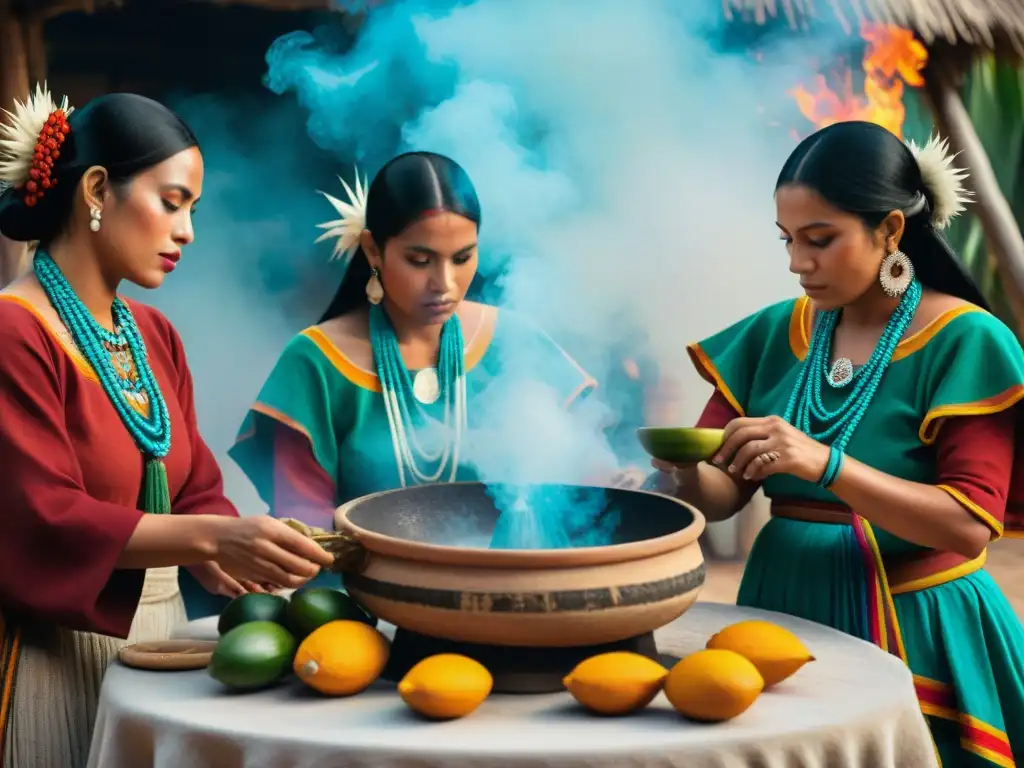 Una ceremonia de bebidas mayas con preparación de pulque y agave, destacando tradiciones y colores vibrantes