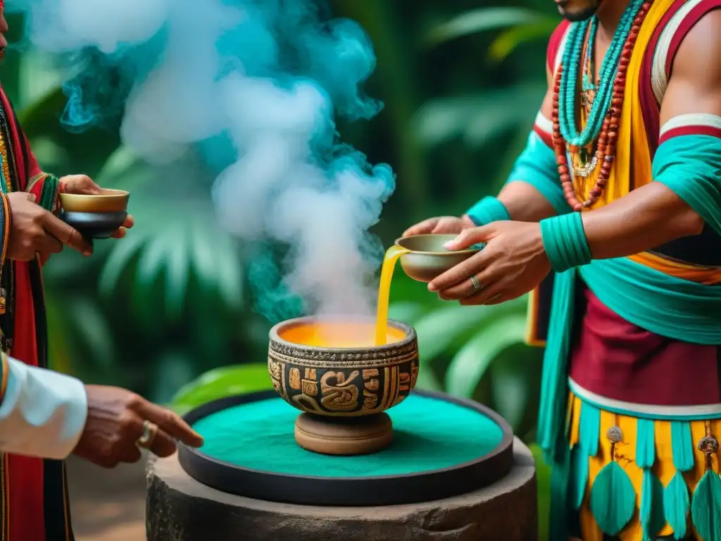 Ceremonia de bebidas mayas en templo antiguo con sacerdotes y pulque, atuendos tradicionales y ambiente místico