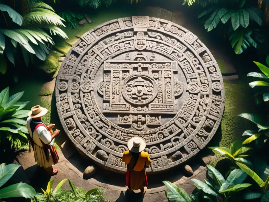 Ceremonia de iniciación calendárica maya: Mayas ancianos discuten símbolos en un calendario de piedra en la selva