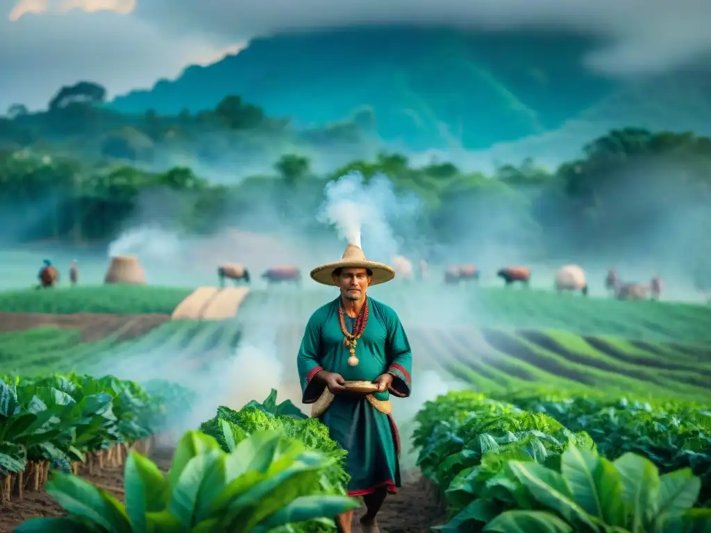 Ceremonia espiritual de un agricultor maya en un campo exuberante