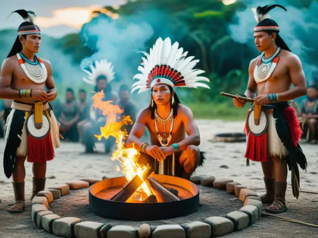 Ceremonia de iniciación de guerreros adolescentes mayas con rituales sagrados en la selva