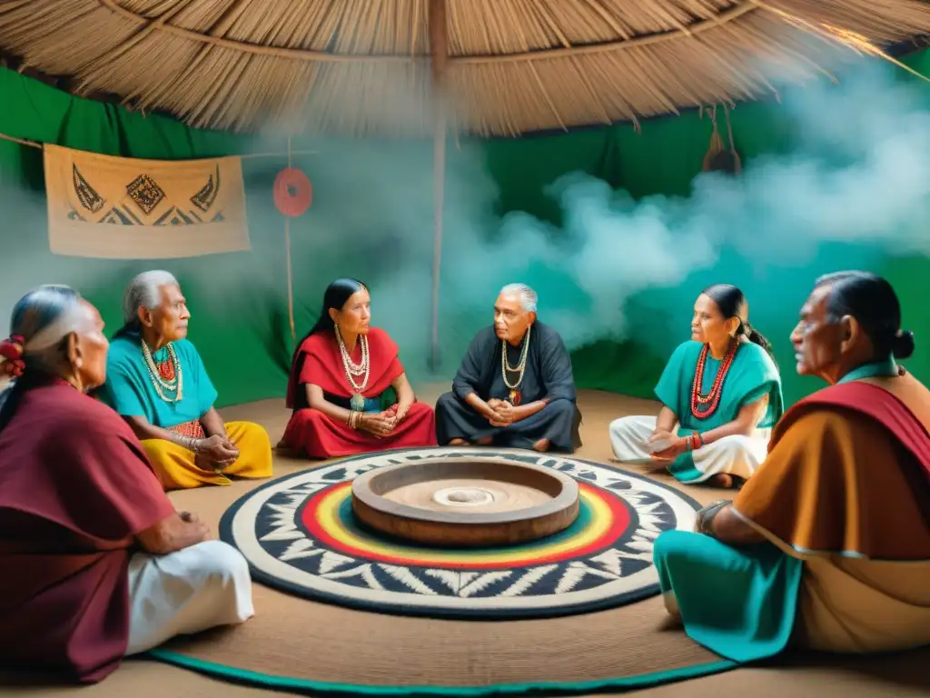 Ceremonia de preservación del idioma maya con ancianos transmitiendo sabiduría y tradición a jóvenes