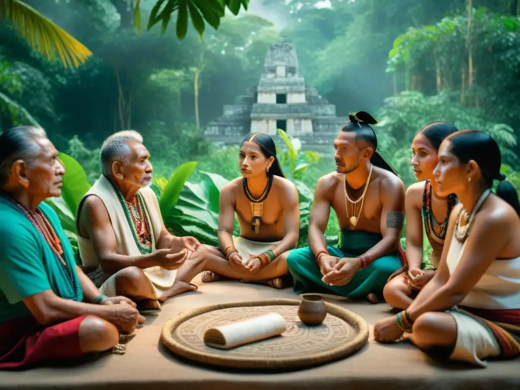 Ceremonia de preservación de la lengua maya: ancianos transmiten sabiduría a niños, rodeados de textiles vibrantes y manuscritos antiguos en la jungla