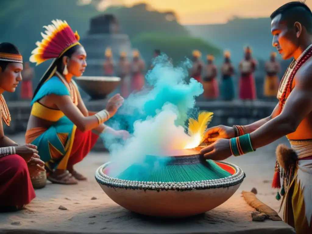 Ceremonia Maya al amanecer con bebida ceremonial a base de maíz, chaman preparando el Saká en ruinas ancestrales al sol naciente