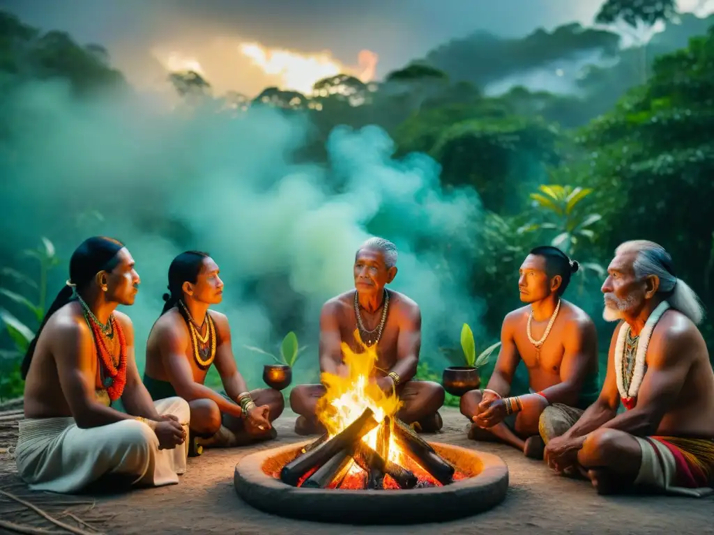 Ceremonia maya en el bosque: ancianos reunidos alrededor del fuego sagrado