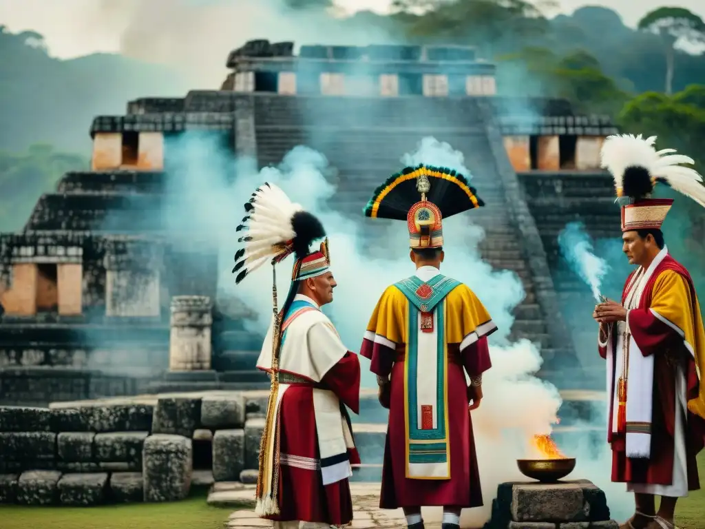 Ceremonia maya en Iximché: sacerdotes en atuendos rituales rodeados de ruinas antiguas