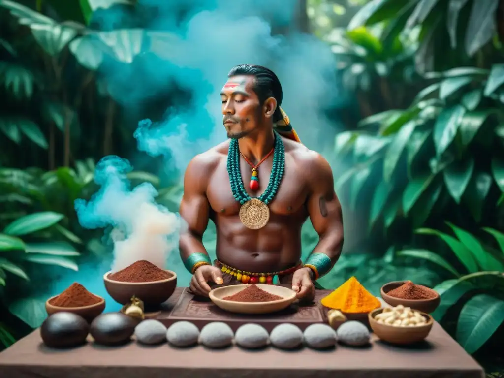 Ceremonia maya del cacao con chamán, cacao y glifos en la selva