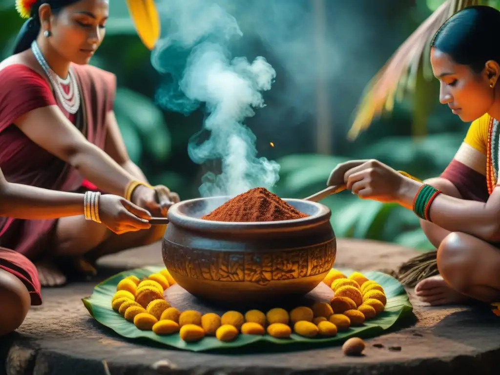 Ceremonia maya preparando cacao para ritual sagrado