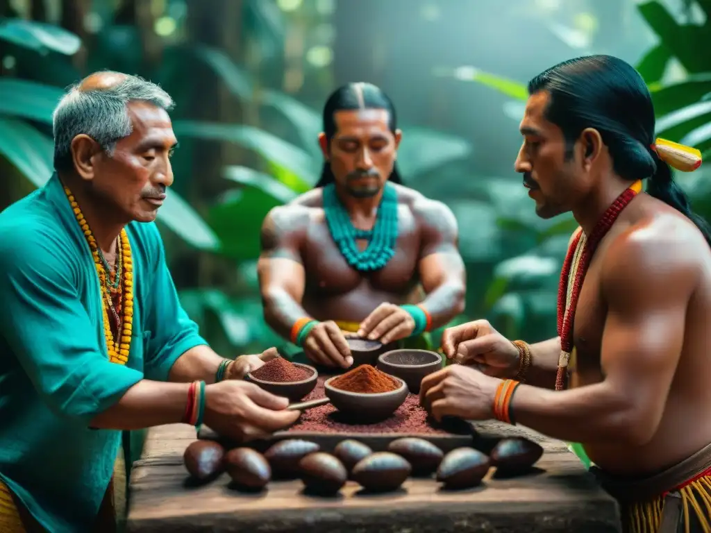 Ceremonia maya del cacao en la selva: participantes en atuendos vibrantes alrededor de una mesa de piedra con granos de cacao