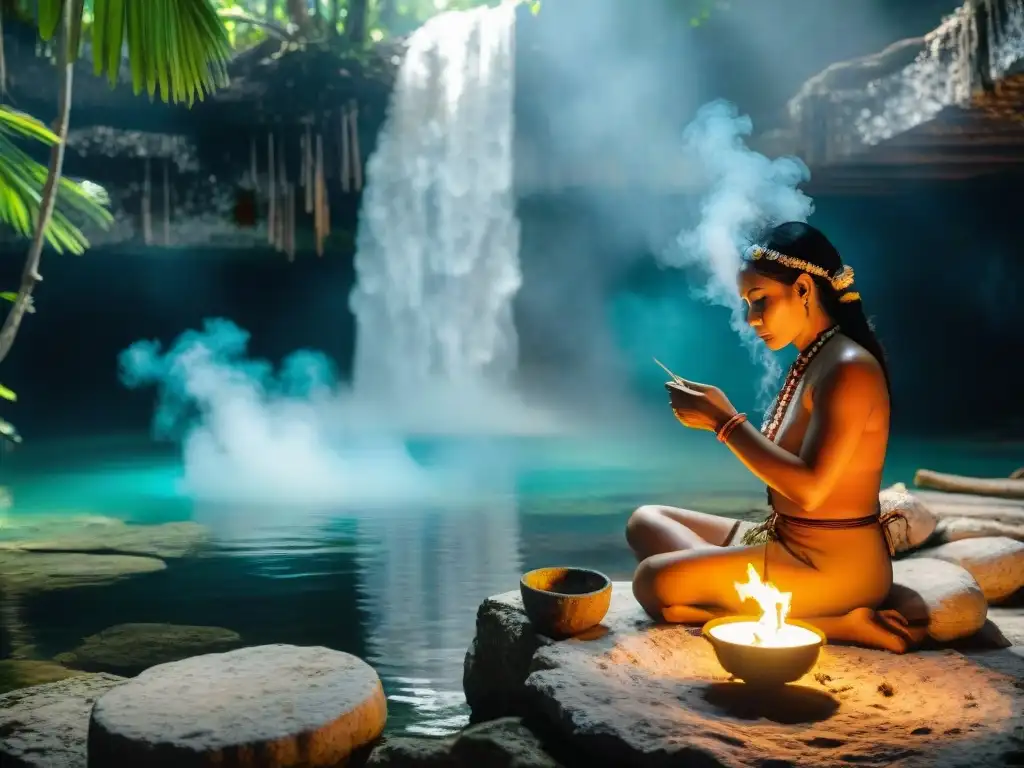 Ceremonia de purificación maya en cenote, con ritual sagrado y misticismo