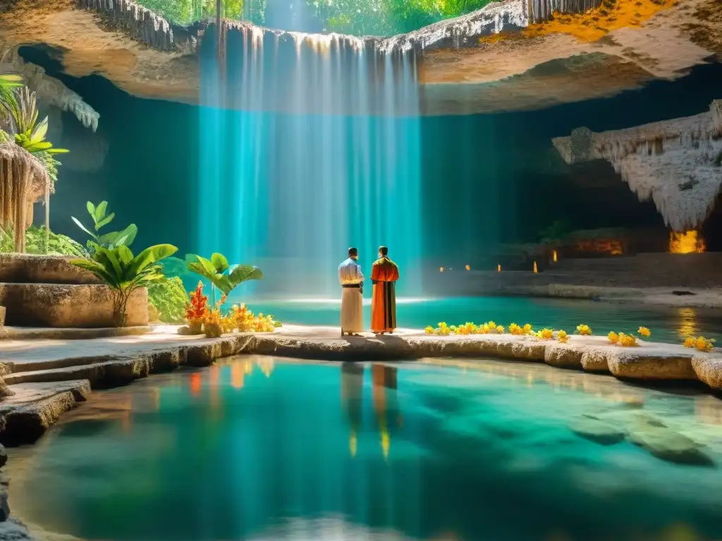 Ceremonia maya en cenote: sacerdotes con ofrendas en un escenario sagrado de la civilización maya