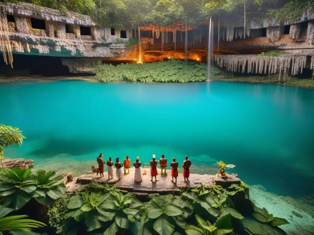 Ceremonia maya en cenote sagrado, con sacerdotes, incienso y símbolos ancestrales