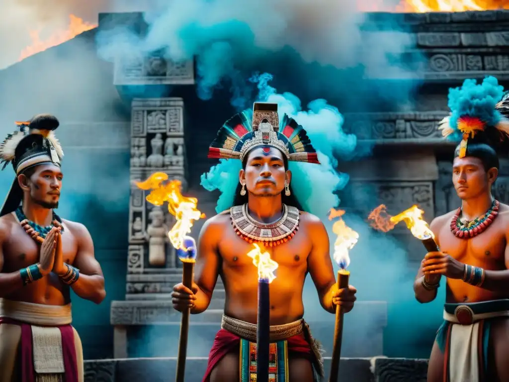 Ceremonia maya de la Creación del cosmos con sacerdotes, fuego y glifos en templo sagrado