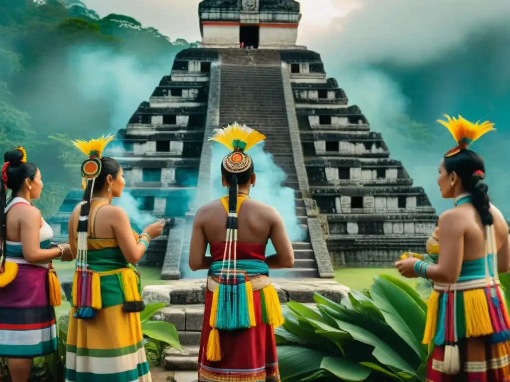 Ceremonia Maya con danza y música en templo histórico: tradición y colorido