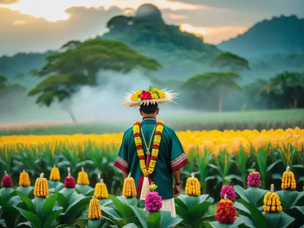 Ceremonia maya al Dios de la muerte en un campo agrícola, con ofrendas y vestimenta tradicional, celebrando la conexión con la naturaleza al atardecer