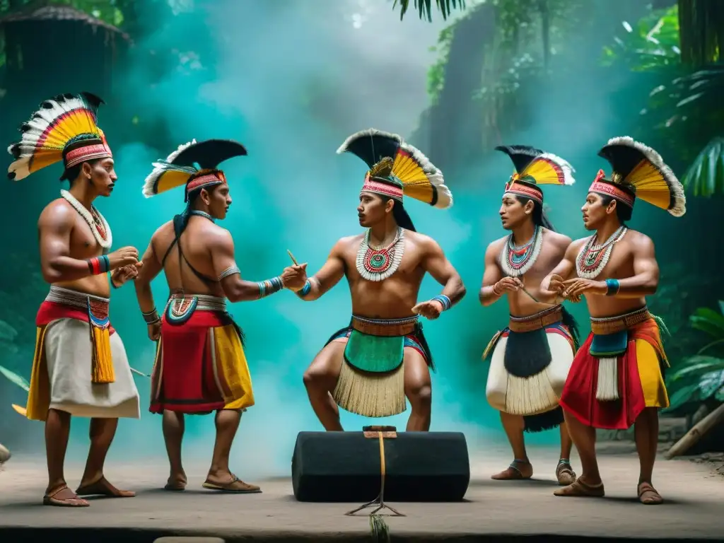 Ceremonia maya con instrumentos musicales danzas rituales mayas en la selva vibrante