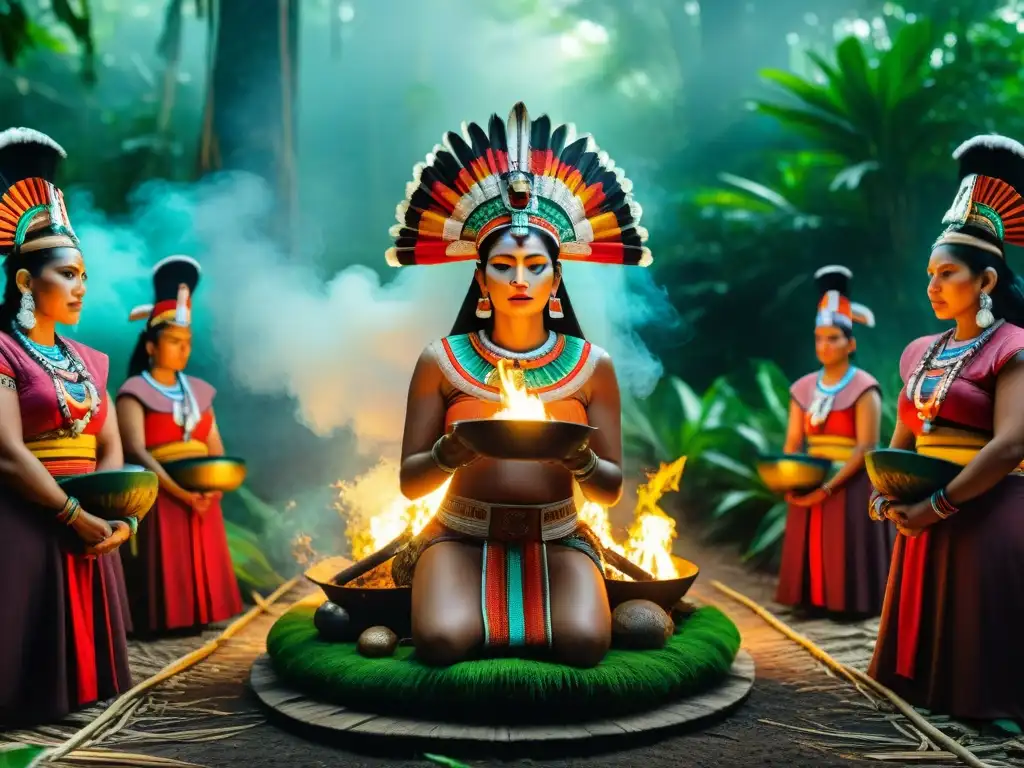 Una ceremonia maya en la jungla: colores vibrantes, patrones detallados y conexión espiritual