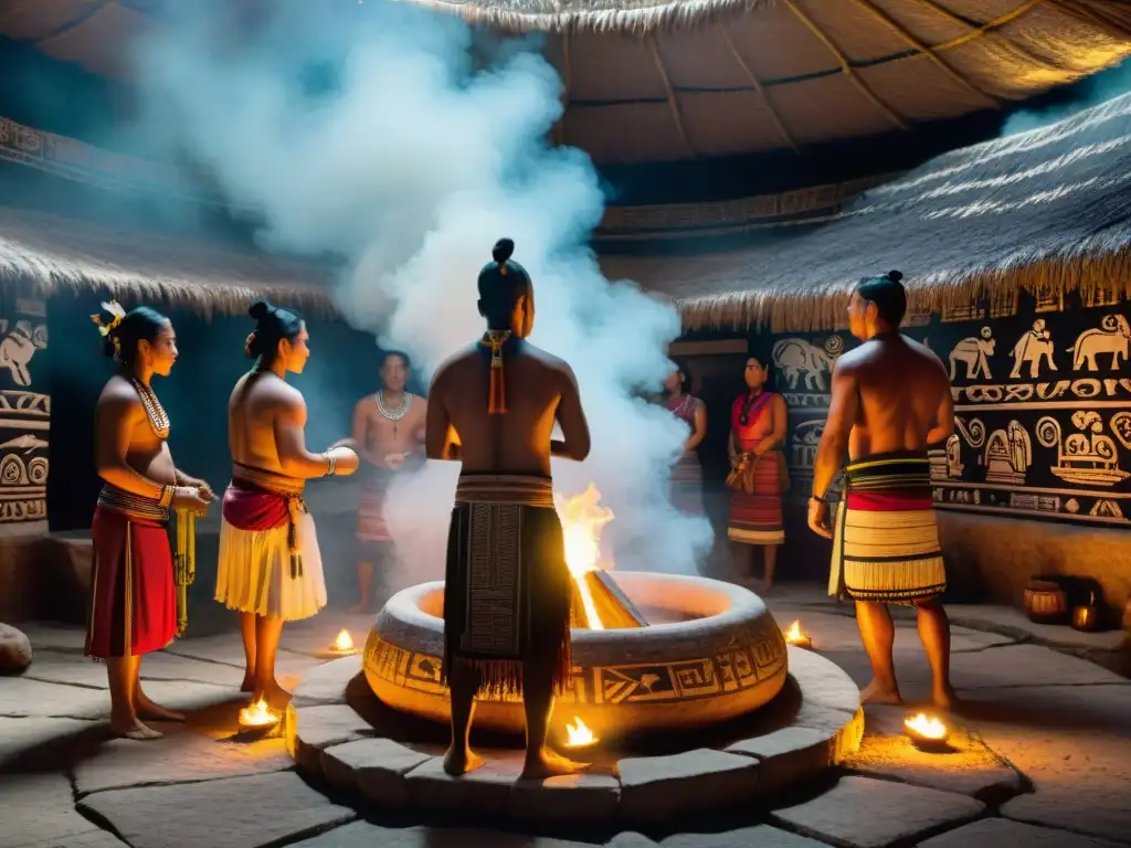 Una ceremonia temazcal maya con participantes recibiendo beneficios para la salud, entre vapor y luz de antorchas