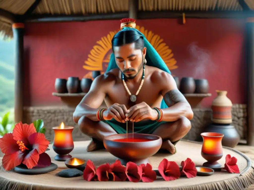 Ritual maya: preparación de agua de flor de Jamaica en ceremonia ancestral Ceremonia maya sanadora con agua de flor de Jamaica y hierbas ancestrales