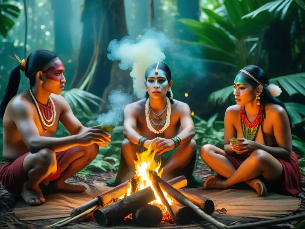 Ritual sagrado de los descendientes mayas en la selva Ceremonia maya en la selva con abuelos creadores mitología maya, vestidos tradicionalmente, alrededor del fuego sagrado