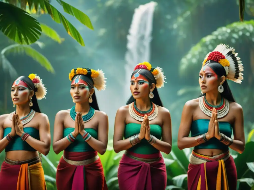 Ceremonia maya en la selva: mujeres con vestimenta tradicional realizan un ritual sagrado bajo la luz del sol filtrada entre la densa vegetación