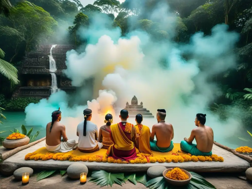 Una ceremonia maya en la selva: sacerdotes, altar de piedra, pétalos de cempasúchil, humo de copal y monos observando