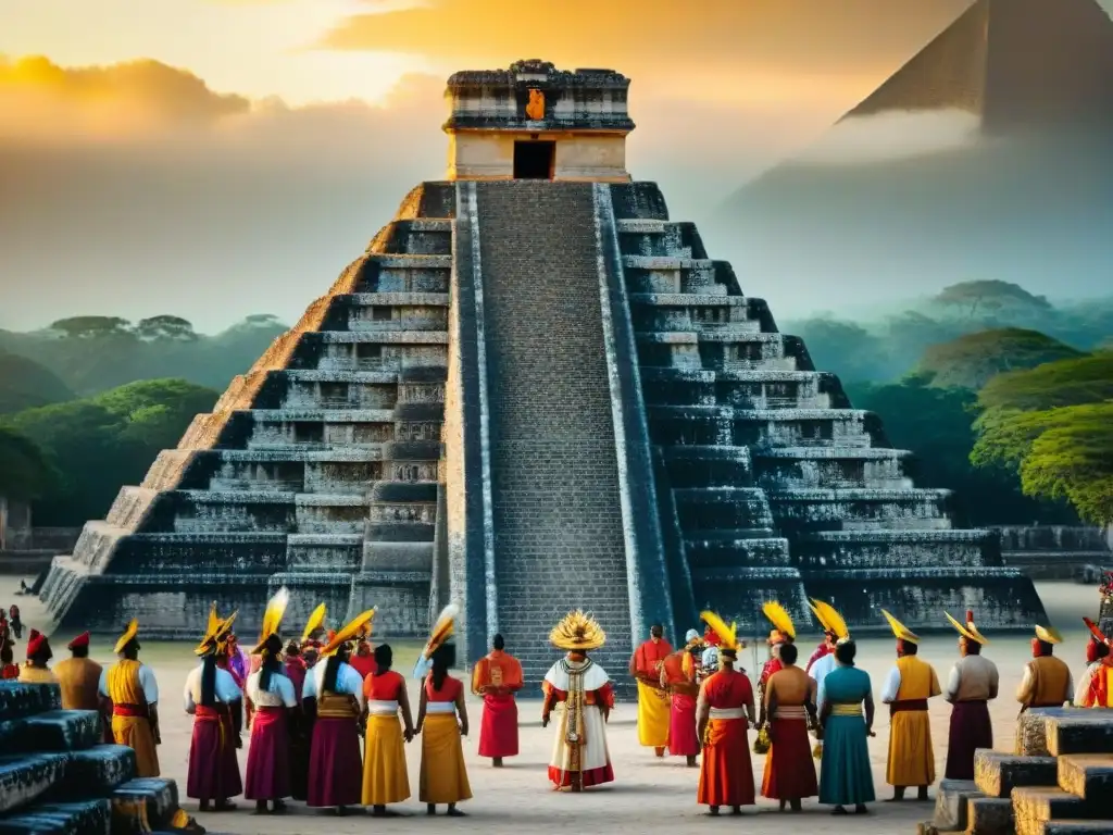 Una ceremonia maya en un sitio arqueológico sagrado con sacerdotes y pirámides al atardecer