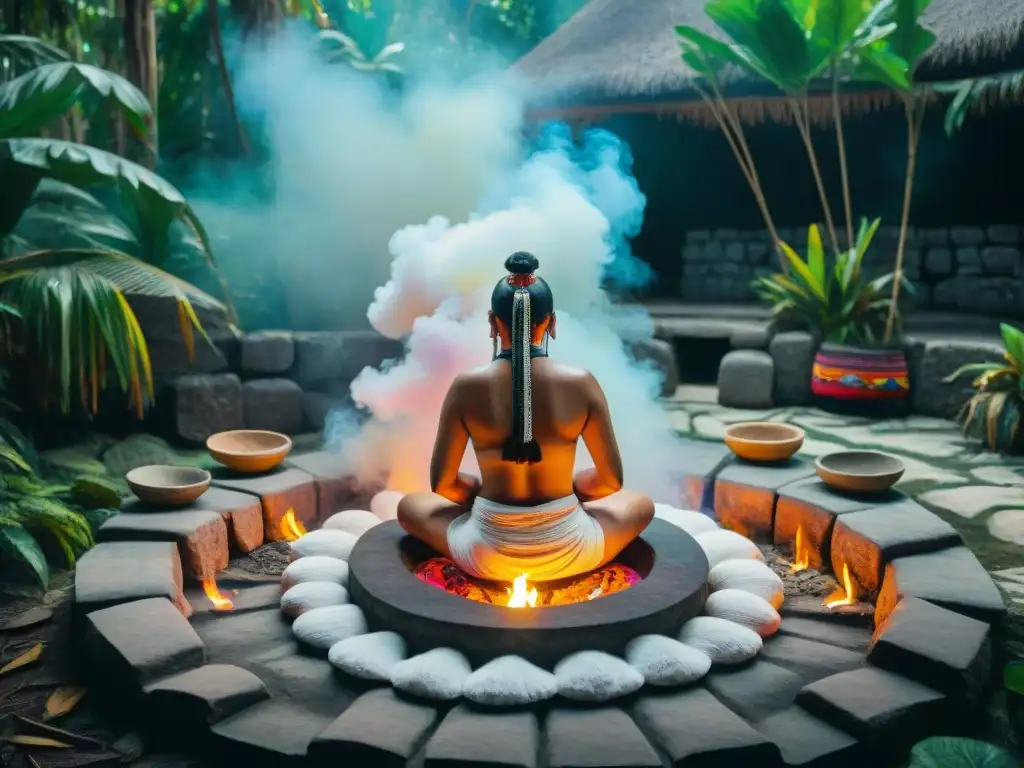 Ritual maya en temazcal: conexión ancestral en la selva Ceremonia maya en temazcal: participantes en loincloths blancos y pintura, vapor místico rodeado de vegetación exuberante