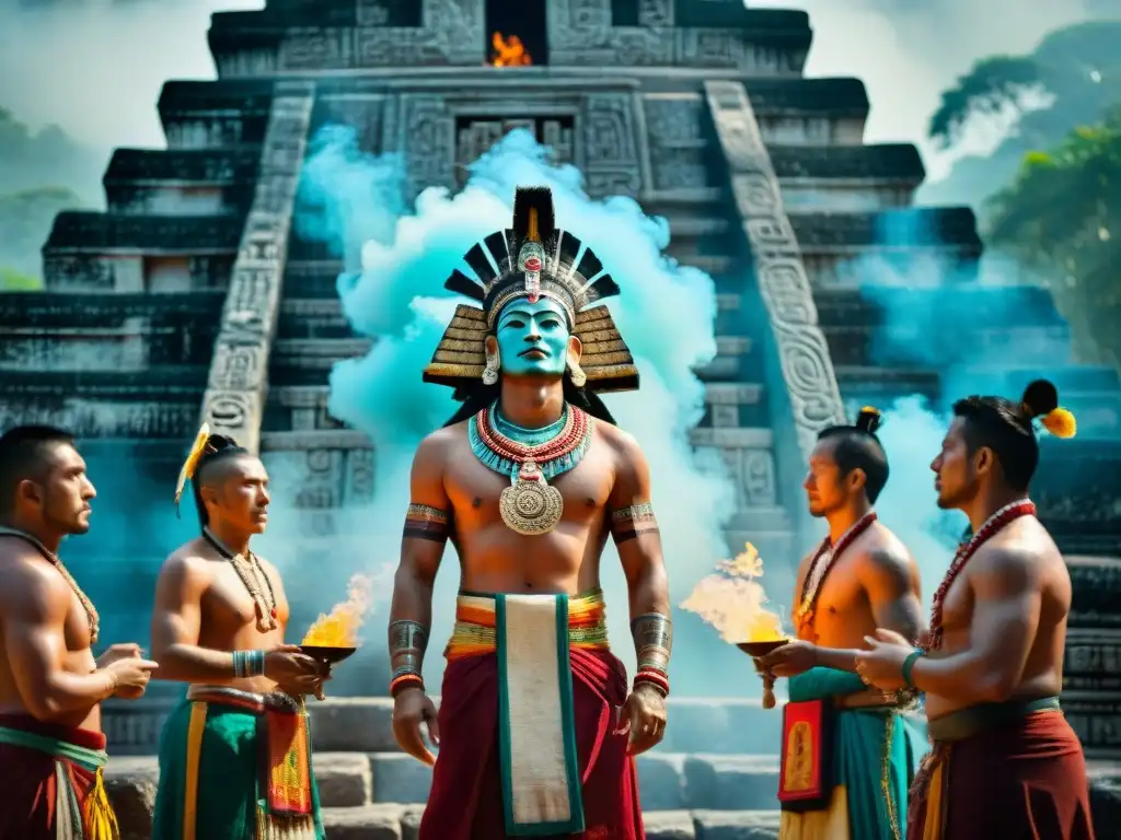 Ceremonia maya en templo de piedra con sacerdotes en ritual, símbolos del calendario y humo de incienso