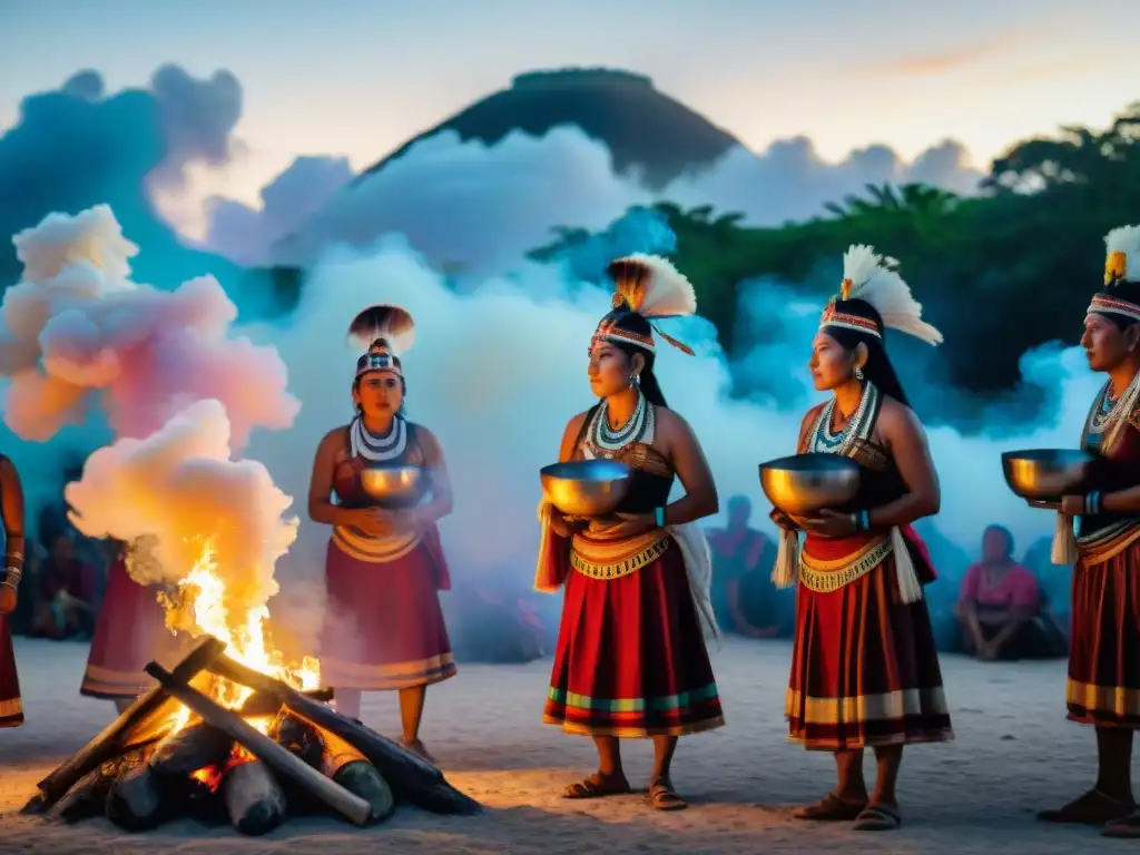 Ceremonia maya tradicional: grupo vestido colorido alrededor del fuego, en ritual solemne bajo cielo estrellado