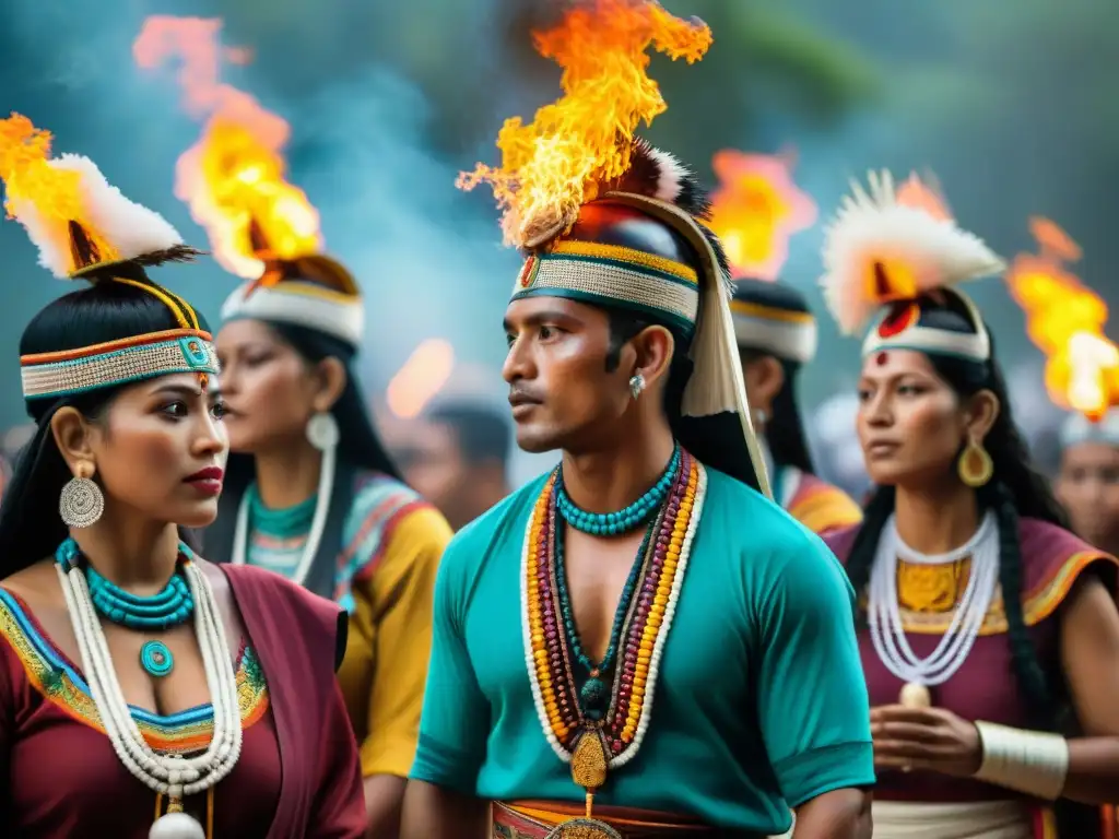 Una ceremonia maya vibrante con colores y detalles intrincados