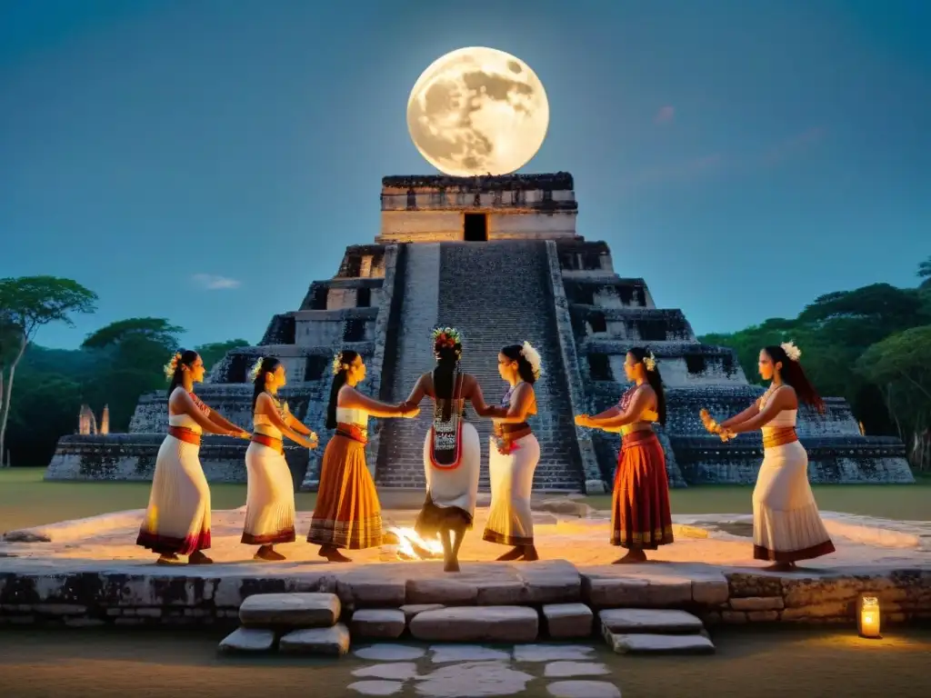 Ceremonia nocturna de mujeres mayas danzando en honor al Culto a la diosa lunar Ix Chel