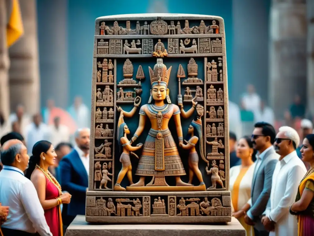 Coronación del gobernante maya: ceremonia grandiosa Ceremonia de Nombramiento en Maya: Coronación de un gobernante maya por un sumo sacerdote en una elaborada estela de piedra