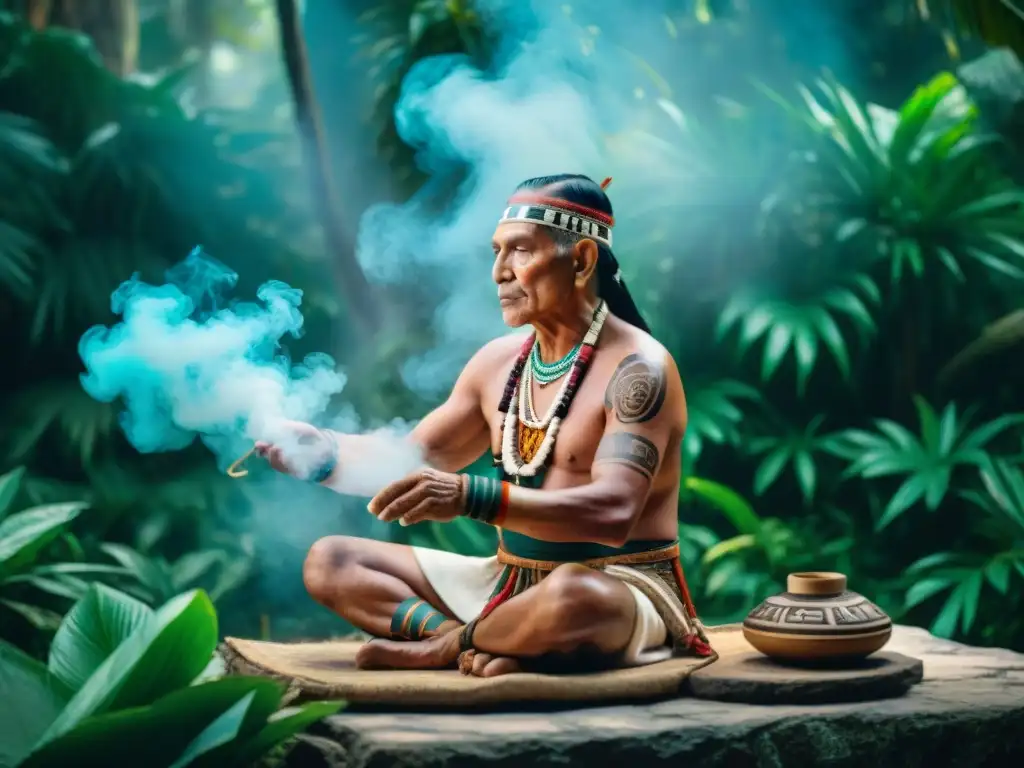Maya sabio en ritual sagrado entre ruinas Ceremonia de Nombramiento en Maya: Anciano maya en atuendo ceremonial realiza ritual con símbolos alrededor, entre la selva y ruinas antiguas