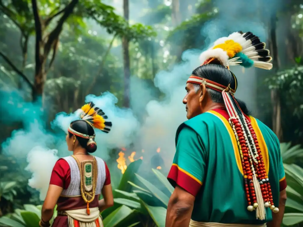 Ceremonia Maya: Tradición ancestral en la selva sagrada Una Ceremonia de Nombramiento en Maya: ancianos con atuendos ceremoniales rodeados de vegetación en un bosque sagrado, creando una atmósfera mística