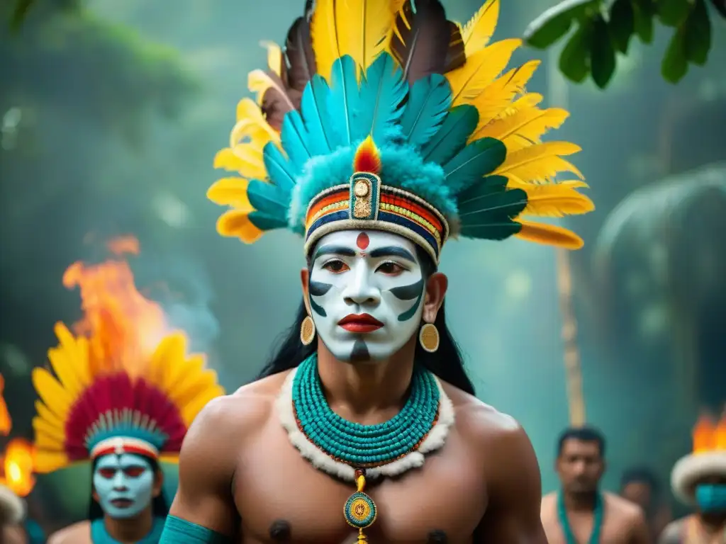 Ceremonia Maya ancestral en la jungla Una Ceremonia de Nombramiento en Maya: sacerdotes con tocados de plumas, pintura corporal y túnicas ceremoniales, rodeados de deidades de piedra