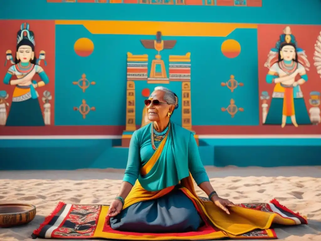 Colorida ceremonia maya: bendición ancestral y rituales sagrados Ceremonia de Nombramiento en Maya: Mural vibrante de ritual ancestral maya con bendiciones y símbolos sagrados