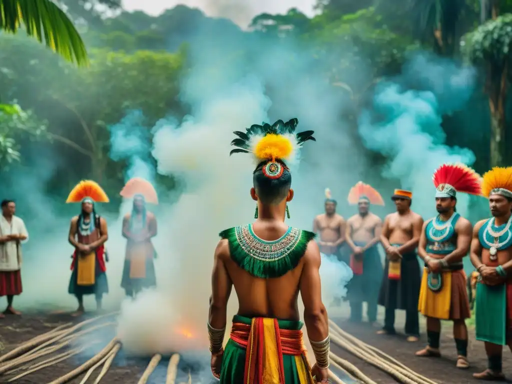 Ceremonia de paso maya en la jungla: jóvenes y ancianos en atuendos ceremoniales, copal humeante y rostros serenos