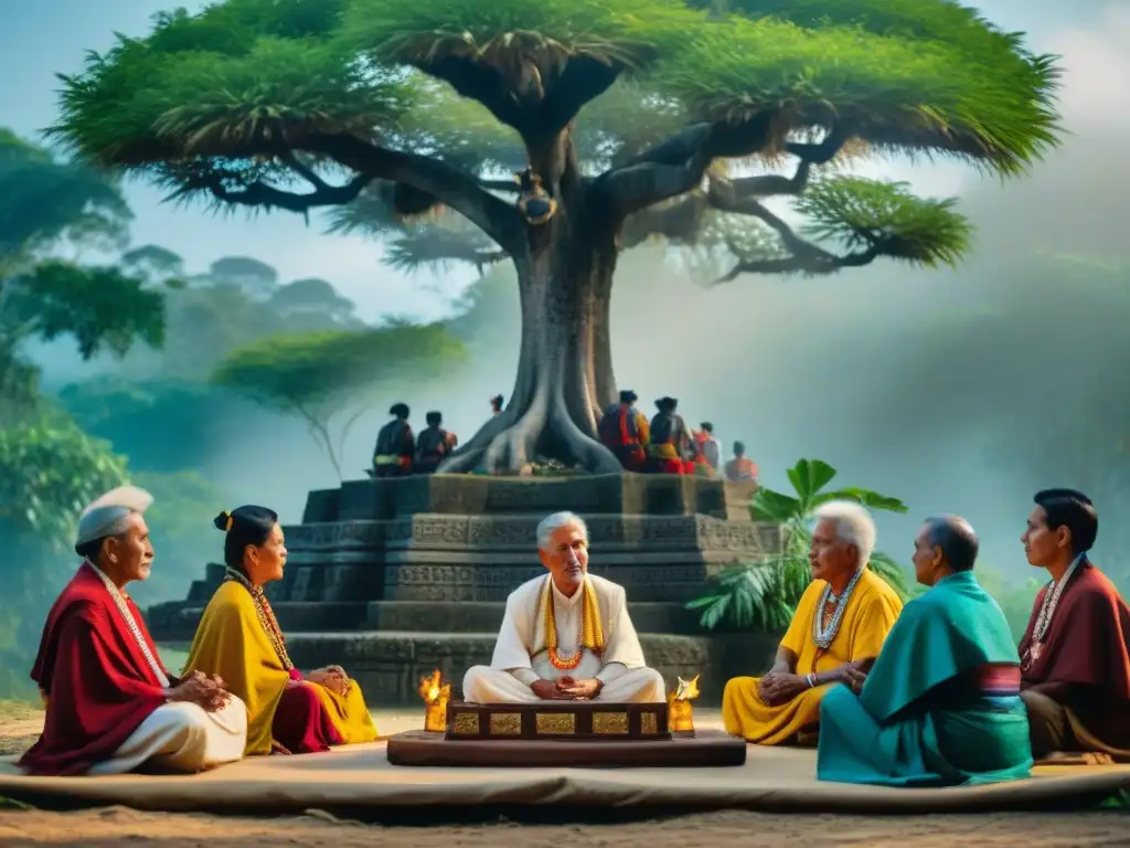 Ceremonia de paz maya con ancianos bajo ceiba milenaria, en un ritual solemne