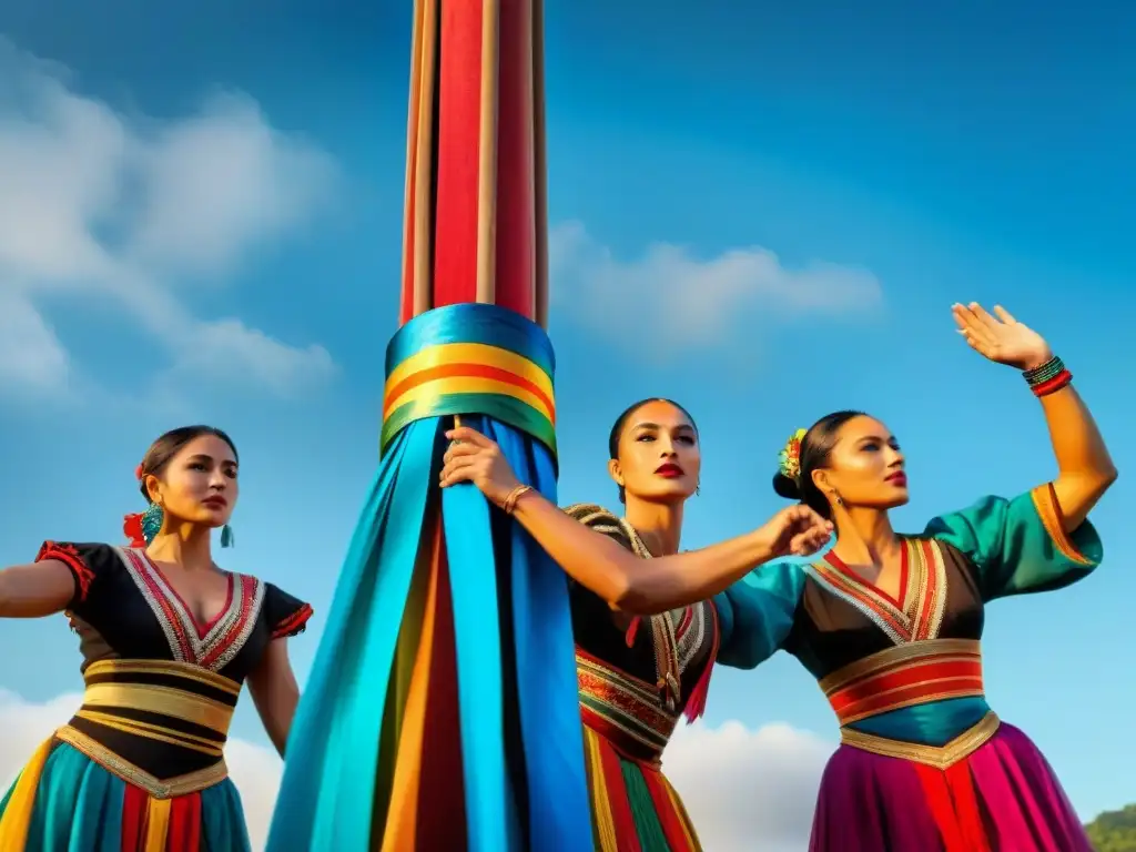 Ceremonia significado Danza de los Voladores: danzantes en trajes coloridos, círculo con cintas vibrantes y cielo azul