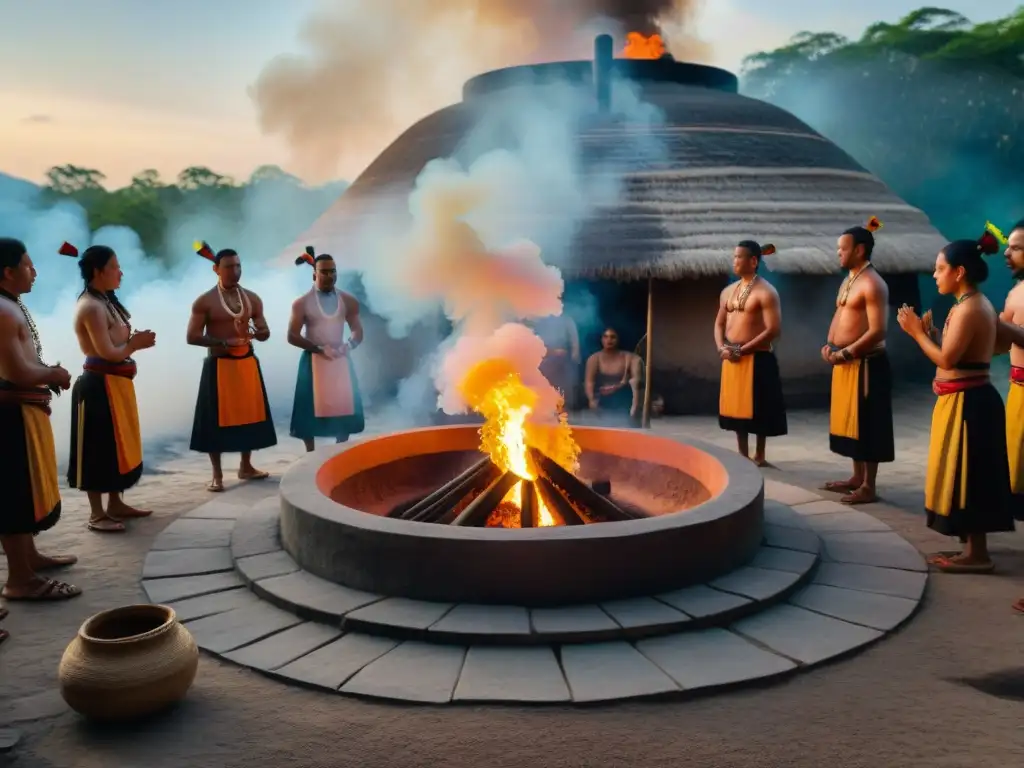 Ceremonia de temazcal maya al atardecer con baño de vapor maya detoxificación, chaman dirige ritual con participantes en silueta