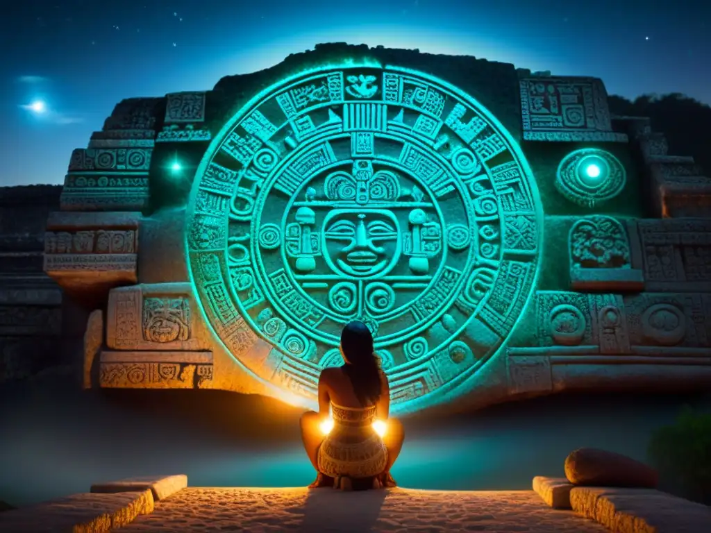 Ceremonias astronómicas mayas en el calendario de piedra: detalladas figuras celestiales iluminadas por la luna