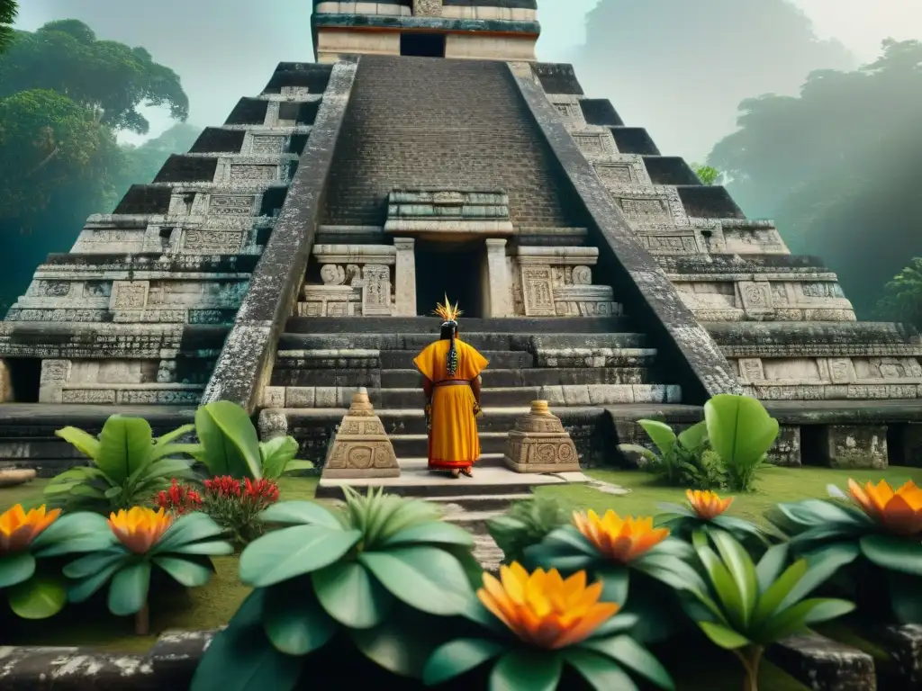 Ceremonias mayas con caracoles marinos: Imagen detallada de un sitio ceremonial con sacerdotes y ofrendas en la selva