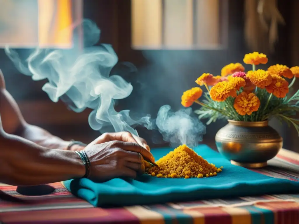 Un chamán maya prepara un altar al amanecer con flores, incienso y plumas, en un ritual matutino lleno de energía cósmica