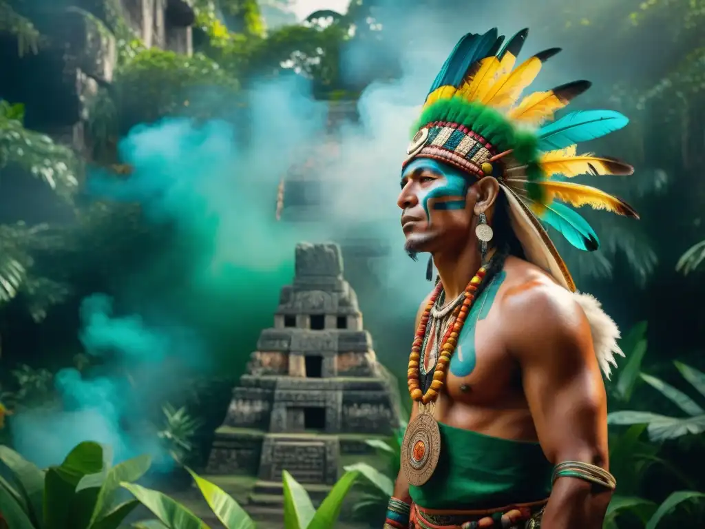 Un chamán maya invoca a sus ancestros en un ritual en la jungla, con humo de incienso