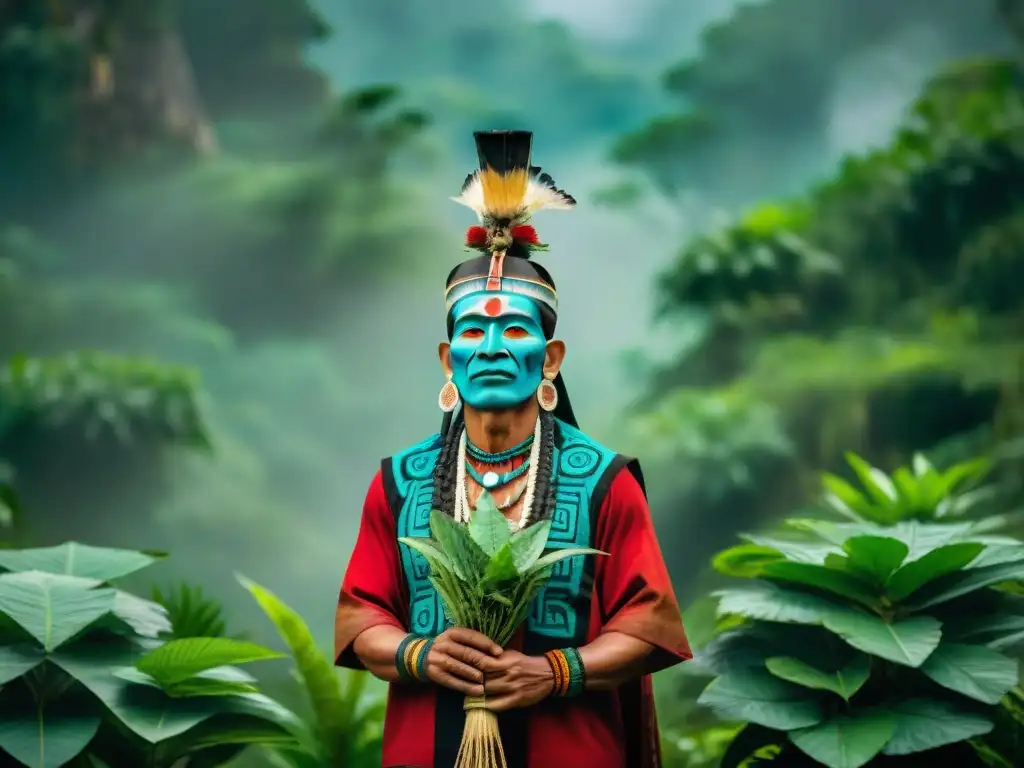 Un chamán maya en atuendo ceremonial rodeado de vegetación exuberante en la selva