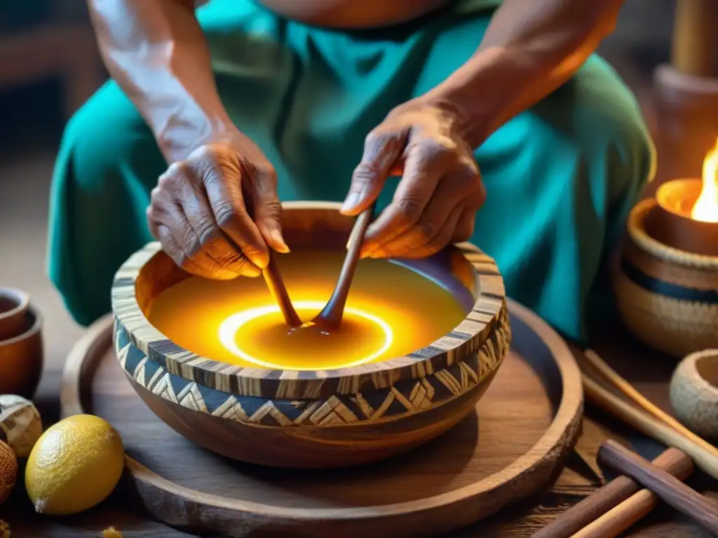 Un chamán maya prepara balché con ingredientes sagrados en un tazón de madera, mostrando sabiduría ancestral